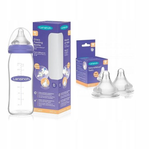 Lansinoh staklena bočica 240ml M + silikonska duda za brzo hranjenje