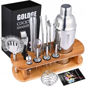   GOLDGE Set za barmena, 18-dijelni šejker za piće + drveni stalak
