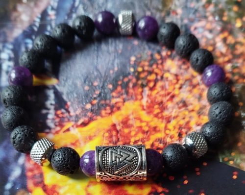 NATURALNA NARUKVICA S RUNOM VALKNUT, KAMENOM LAVE I AMETISTOM, UNISEX, PRILAGOĐENA VELIČINA