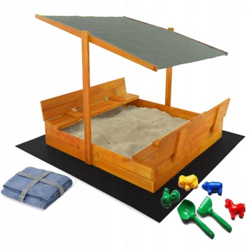 DJEČJA PIJESKARNICA S KROVOM 120X120 DRVENA, IMPREGNIRANA + POKLONI, SIVA