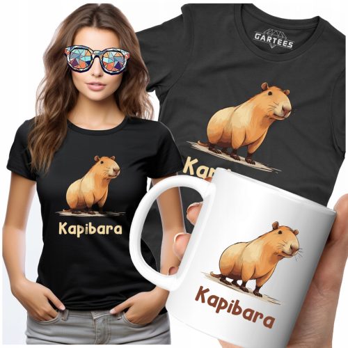  ŽENSKA MAJICA I KOMPLET ŠALICA S CAPYBARA PRINTOM, SLATKE ŽIVOTINJE KAPE
