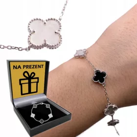    Srebrna ženska NARUKVICA, 925 SREBRO Djetelina Oniks Biser Djetelina