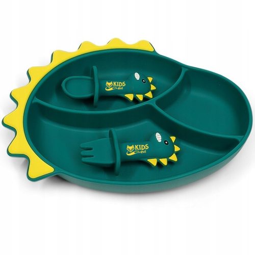 Plastični set posuđa za djecu s silikonskim tanjurom i vakuumom BLW DINOSAUR zelenim priborom za jelo
