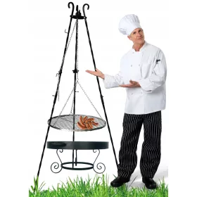    VRTNI ROŠTILJ KOVANI TRONOŽAC KAMIN PODESIVA INOX REŠETKA + JEZIK