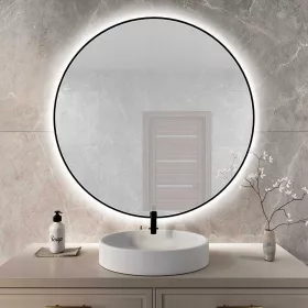    Okruglo Led ogledalo 80 cm, crni okvir, topla boja svjetla, senzor, Mat