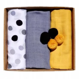    EGA KIDS Muslin pelene Eco Pompons 60x80cm žuto-sive (2546), 3 kom.