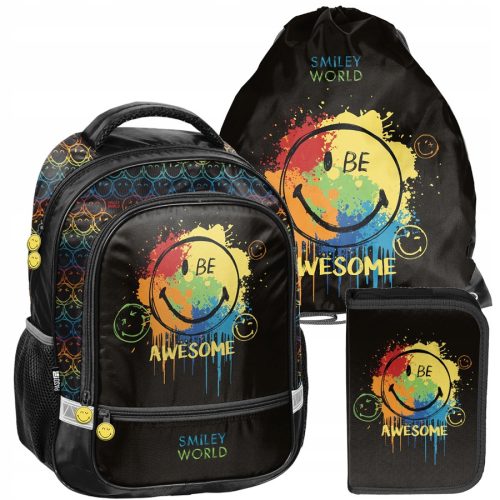 Paso školski ruksak Smiley - set za prva tri razreda - crni, šareni