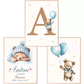   Set od 3 A3 postera Medvjedići s balonima, rodni list, personalizacija s imenom djeteta