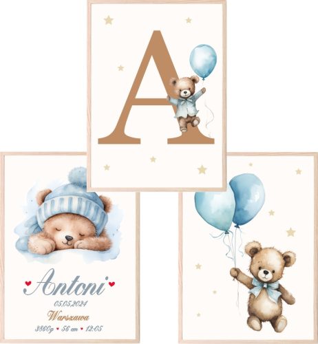 Set od 3 A3 postera Medvjedići s balonima, rodni list, personalizacija s imenom djeteta