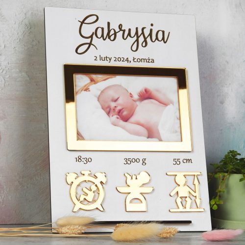 Elegantni 3D Rodni List Slikom Bebe i Zlatnim Ogledalom - Unikatan Suvenir za Rođendane i Krštenje