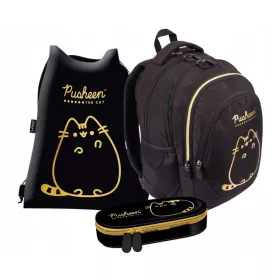   Ruksak za školu s više pretinaca Pusheen St. Majewski crna, Nijanse žute i zlatne 23 l + 2 dodatna proizvoda