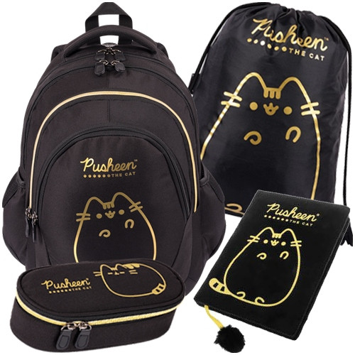 Pusheen Školski Ruksak s Više Odjeljaka Crne Boje s Nijansama Žute i Zlatne 23L + 3 Dodatna Proizvoda