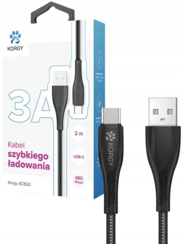 Korgy ACB20 USB-A - USB-C kabel 2m s crnim najlonskim pletivom
