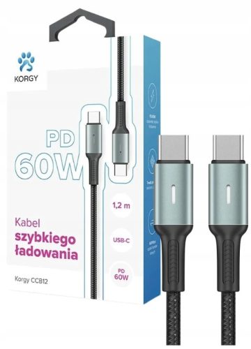 USB-C - USB-C kabel Korgy CCB12 60W 1,2m crna najlonska pletenica dioda
