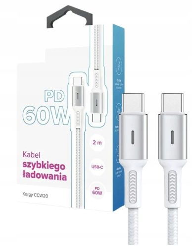 USB-C - USB-C kabel Korgy CCW20 60W 2m Bijela najlonska pletenica Dioda za punjenje