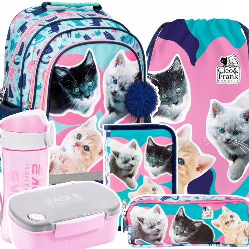 CLEO&FRANK Mačji školski ruksak za djevojčice 1.-3. razreda Multicolor 18 l + 5 dodatnih proizvoda
