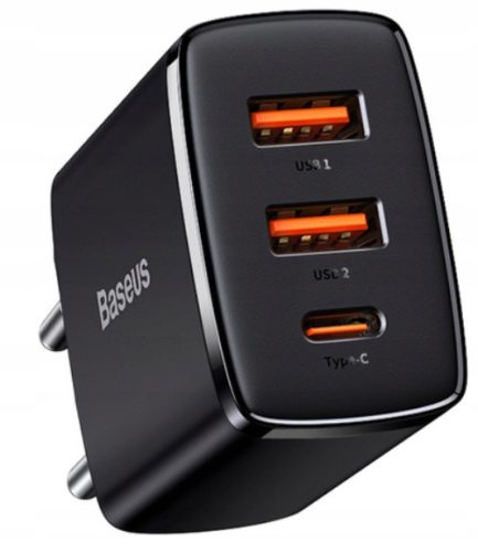 Baseus Compact Ultra Brzi Punjač 2U+C USB-C / 2x USB-A 30W PD QC3.0 Crni