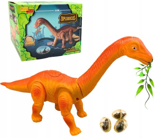 Dinosaurus na baterije s zvukom, diplodokus hoda i polaže jaja