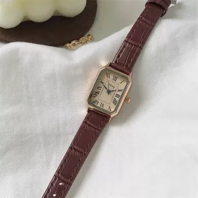    ŽENSKI vintage retro kvarcni sat - smeđi remen, zlatni brojčanik
