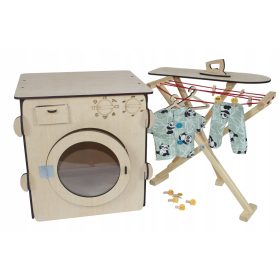    Perilica rublja, sušilica rublja, daska, glačalo, odjeća, vješalice, štipaljke s drvenim emotikonima PL