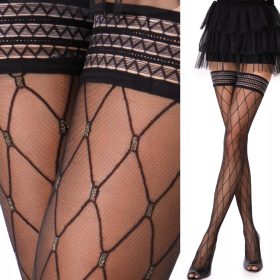   Fenome Luksuzne Samostojeće Čarape s Silikonom, ROMBILIC Uzorak, Crne