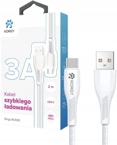 Korgy ACW20 USB-A - USB-C kabel, 2 metra brzo punjenje, najlonska pletenica, bijela