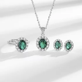   Luksuzni 3-dijelni set ženskih dodataka od S925 srebra s 5A kubičnim cirkonijem u prekrasnoj zelenoj boji. Ovaj elegantni set uključuje naszyjnik, naušnice i prsten, izrađene od visokokvalitetnog sreb