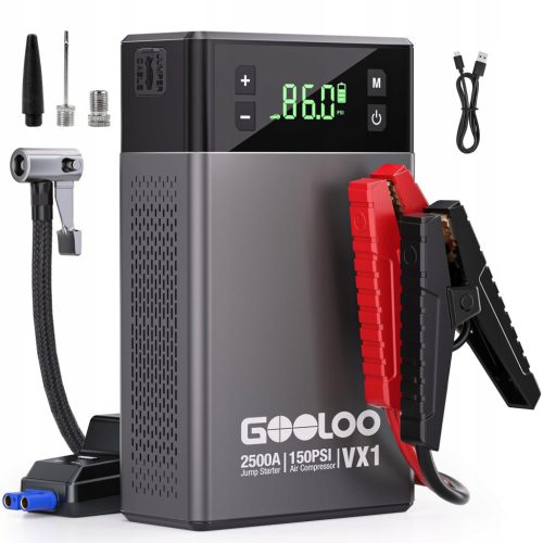 GOOLOO VX1 2500A Akumulator s kompresorom, supersafe 12V pomoć pri pokretanju s digitalnim pumpom tlaka 150 PSI, prikladno za benzinske motore 8,5 L i dizelske motore 6,0 L