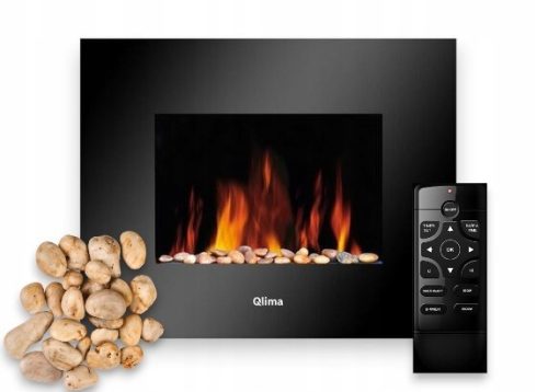 Kamin Električna Zidna Grijača Plamen Čelik 1800 W Crni + Daljinski Upravljač