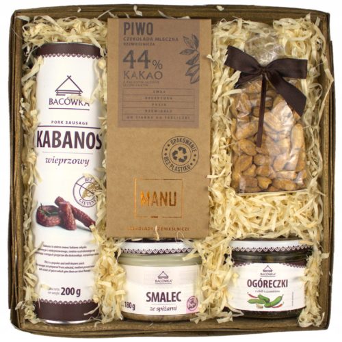  Poklon korpa za njega - kabanos kobasice, mast, krastavci, kikiriki, Manu PIVO