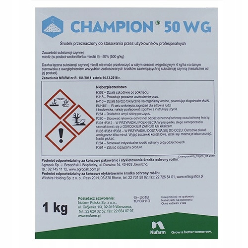 Champion 50 WG - Fungicid i Baktericid za Zaštitu Biljaka, 10 kg
