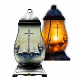 Elegantni srebrni stakleni lampion s motivom križa i knjige