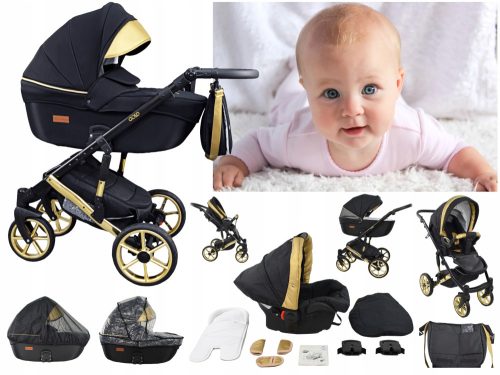 Lux Wózek Dziecięcy 4w1 Złoto UCZIO Multifunkcionalni Set 3u1 + Baza Isofix