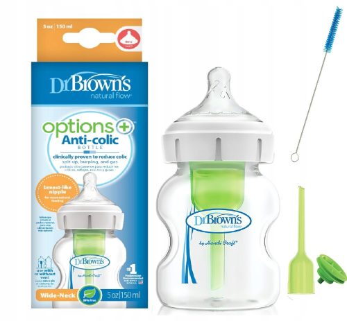 Dr Brown's Options+ široka bočica protiv kolika 150 ml + četka za pranje bočica i cucala, set od 2 komada